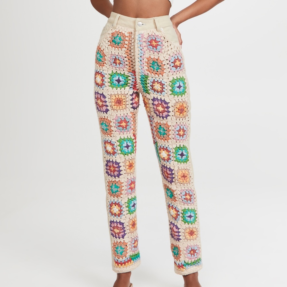 NWOT Free People Zuri Crochet Granny Square Relaxed Straight Jeans Z5-11 - Picture 1 of 14